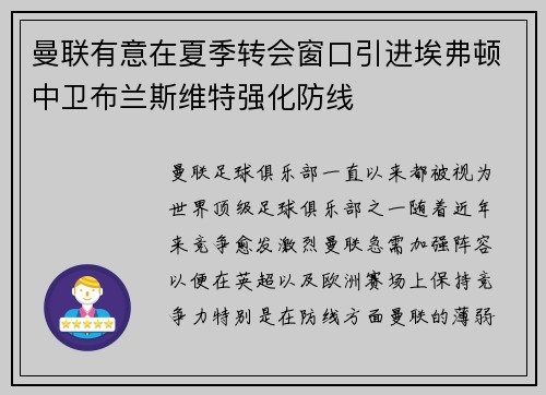 曼联有意在夏季转会窗口引进埃弗顿中卫布兰斯维特强化防线 曼联有意在夏季转会窗口引进埃弗顿中卫布兰斯维特强化防线